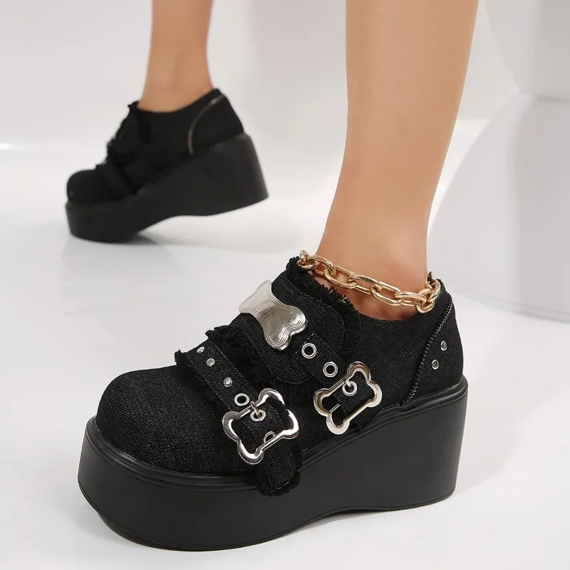 女性用ハイヒールプラットフォームパンプス,カジュアルシューズ,メタルデコレーション,ウェッジバックル,ラージサイズ,ベーシック,2022
