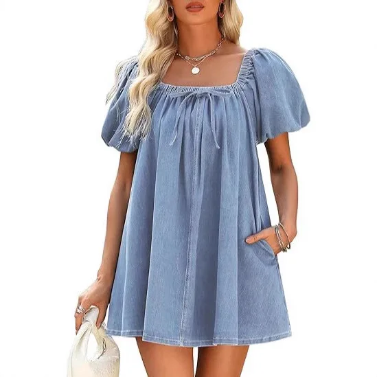 Summer New Square-neck Bubble Short-sleeved Lace-up Denim Dress. A Loose, Solid-colored Casual Short Pullover Dress for Women - view 4