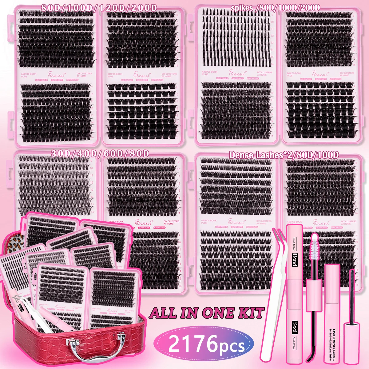 Kit DIY de cils en grappes effet wispy avec colle et fixateur pour cils et pince à cils pour maquillage