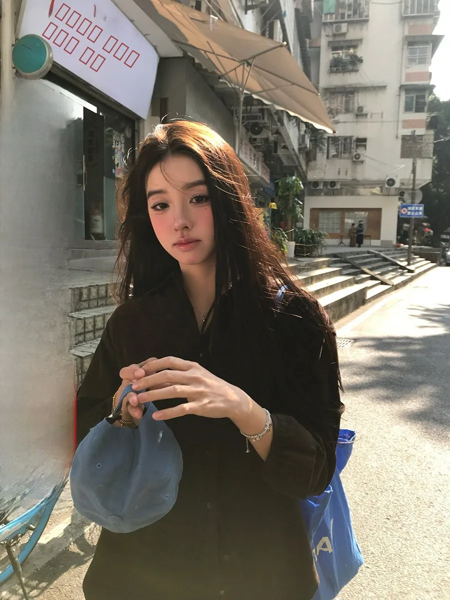 

Женская вельветовая рубашка Sinbounboun Hong Kong в винтажном стиле с отложным воротником на одной пуговице, свободного кроя, дышащая, для весенней моды