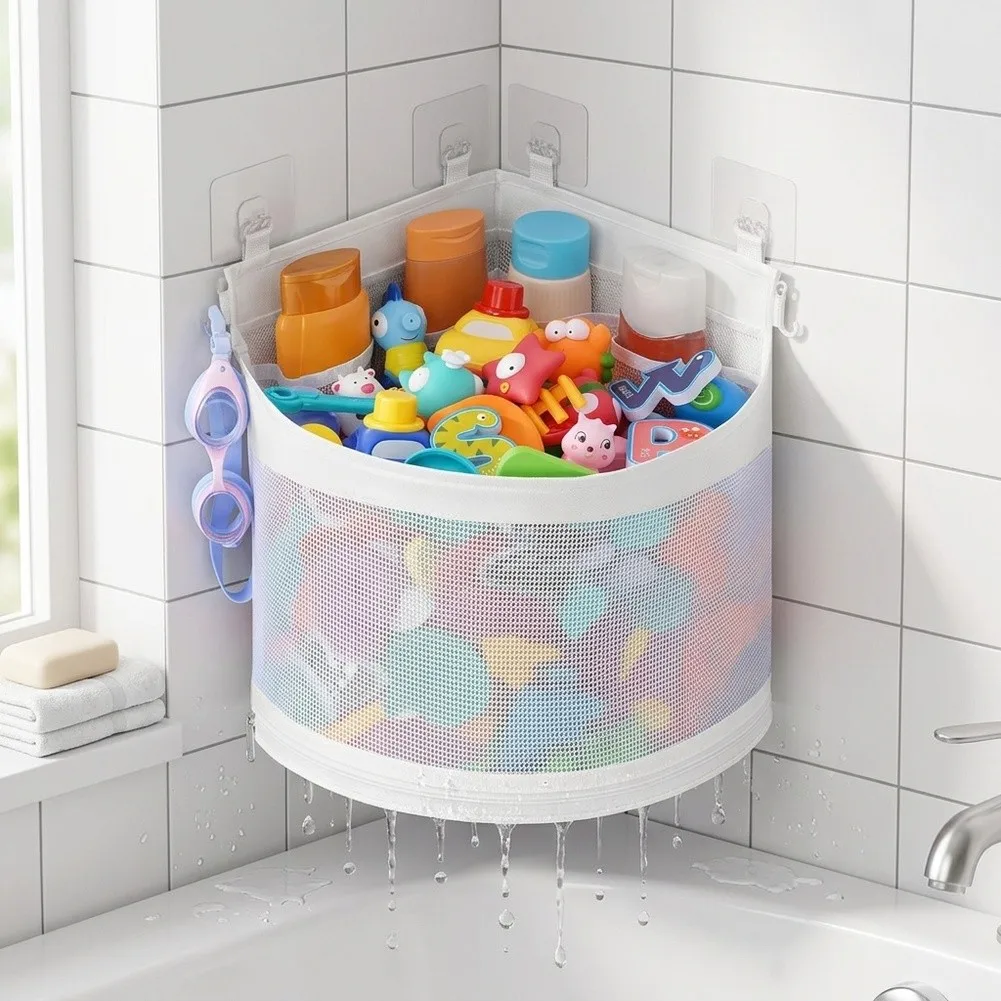 Ventilated Corner Toy Storage Rack for Bathroom - 33x33x23cm Polyester Mesh Bathtub Organizer No Drilling Needed