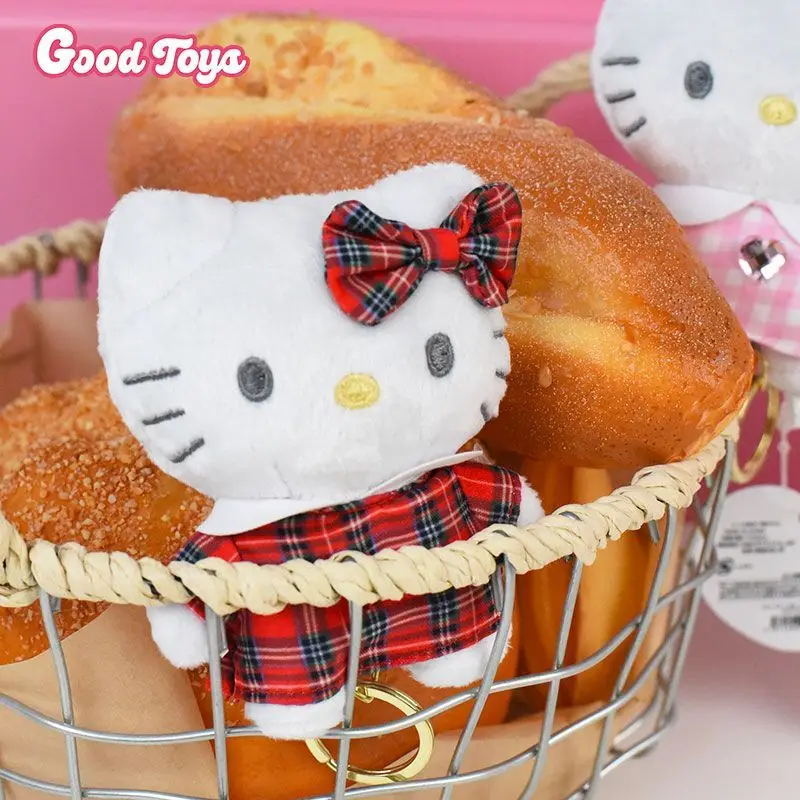 Sanrio Hello Kitty Cross-Dressing Plaid Dress Metal Keyring Plush Doll Keychain Desktop Trinkets Car Interior Decoration Gift