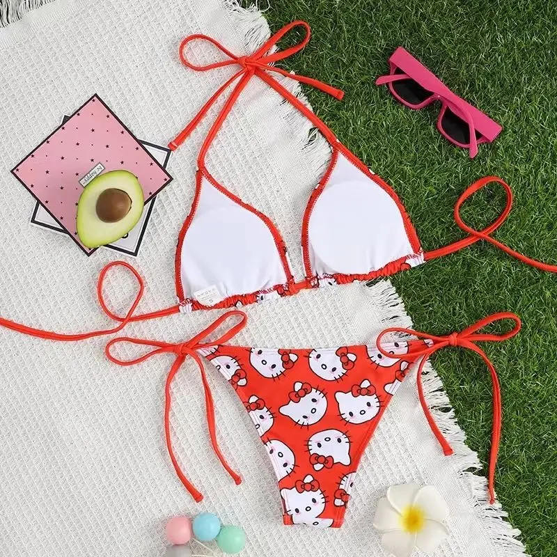 2Pcs Hello Kitty Bikinis Set Kawaii Red Swimsuit Sexy Bikini 2024 Women Summer Y2k Strappy Pantie Adjustable Swimwear Beachwear