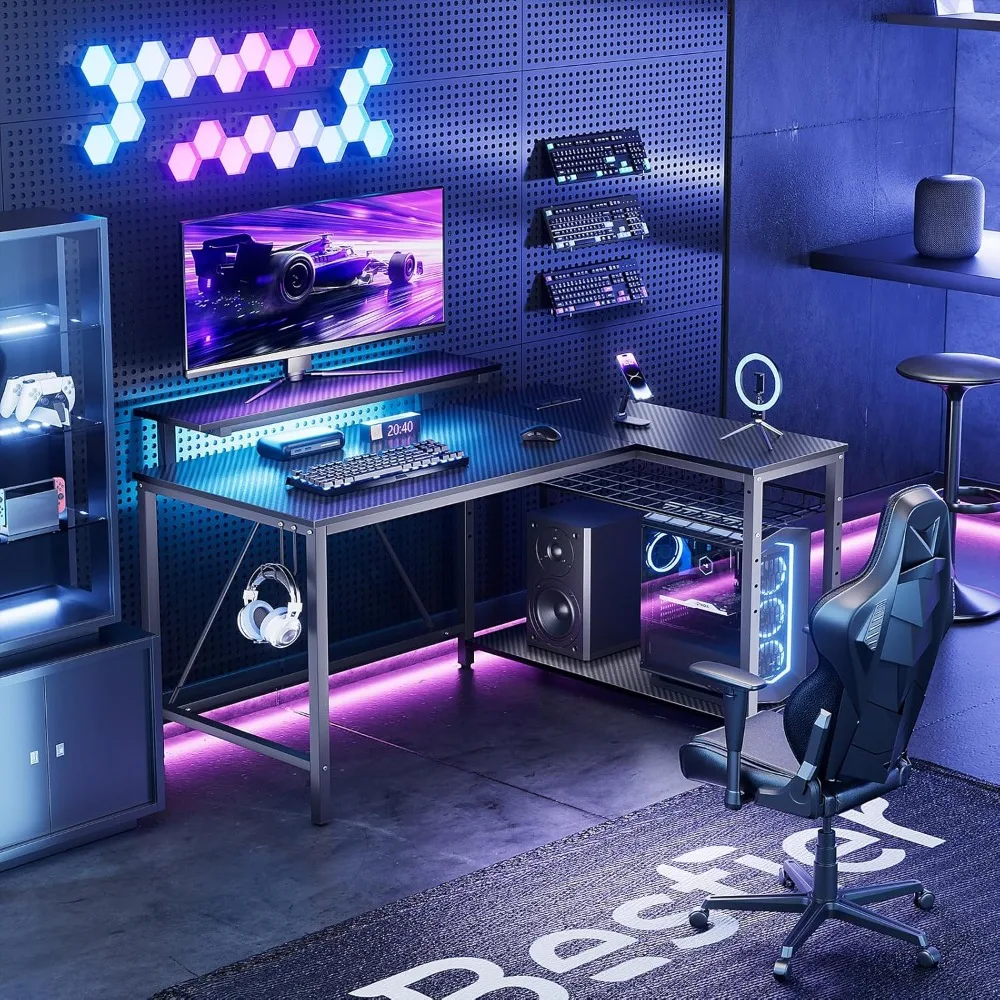 

Gaming Desk with Power Outlets, 42 L-Shaped Computer Desk with LED Lights, Desk with Reversible Storage Shelves & Hooks