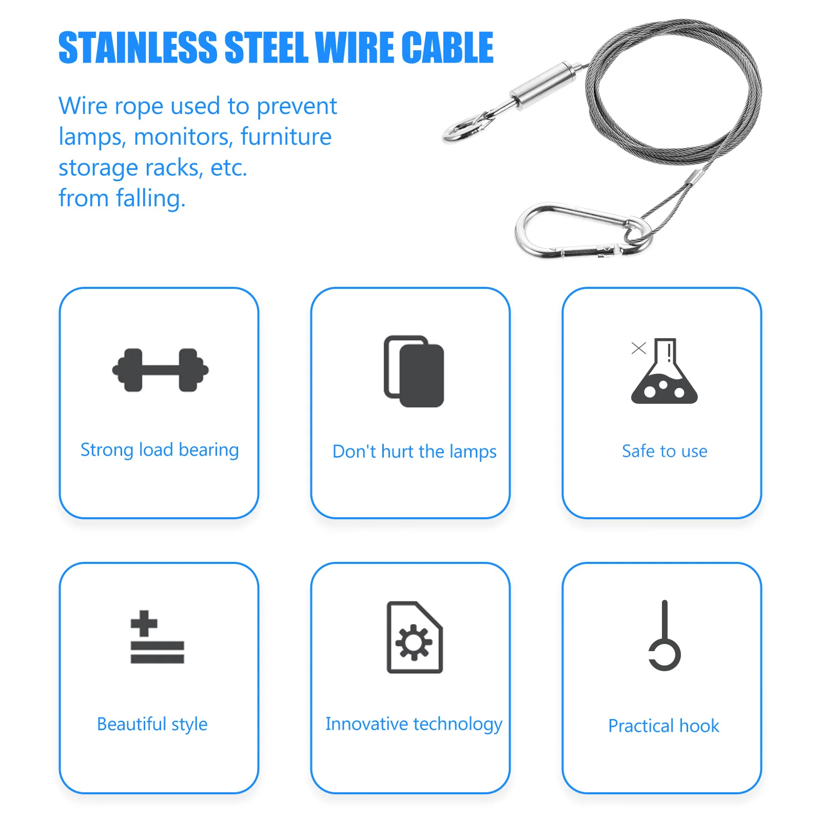 

Lamp Rope 30Kg Stainless Steel Cable For Lamp Monitor Furniture Safety Silver Rustproof Durable Reusable Steel Picture Hanging