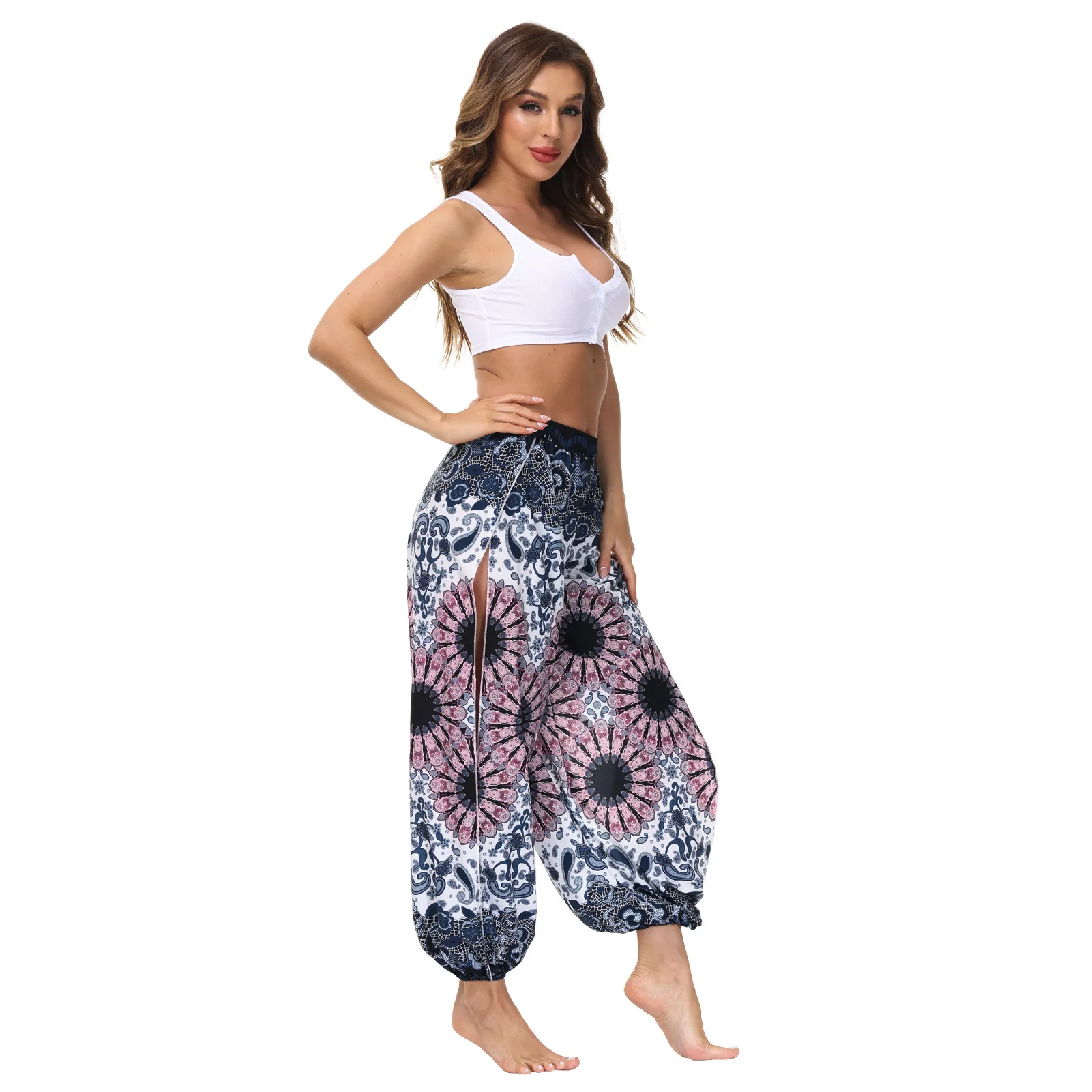 Womens Harem Yoga Pants Side Slit Sport Workout High Slit Hippie Harem Trousers