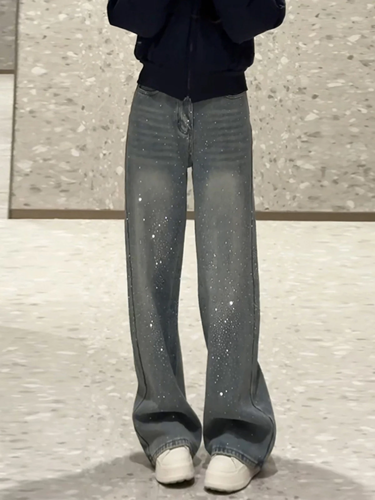 

Retro American Blue Rhinestone Fce Lined High Waist Slimming Wide Leg Jeans Women Winter High Waist Straight Cut Denim