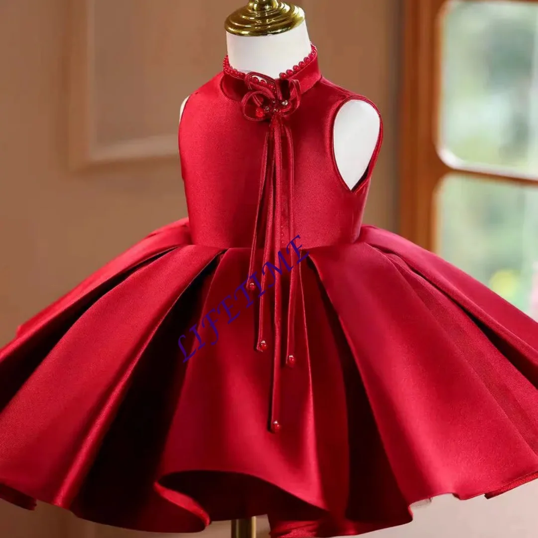 Maßgeschneidertes weißes Blumenmädchenkleid aus Satin mit Perlen, knielang, Prinzessin, Baby, Hochzeit, 1. Geburtstag, Party, Festzug, Festival