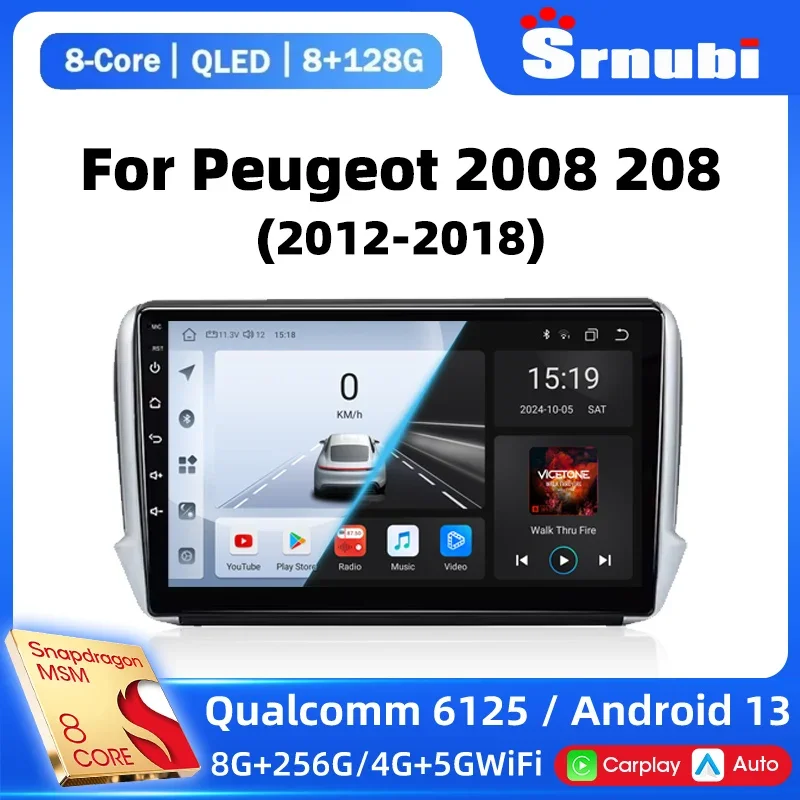 

Srnubi 8G+128G Android 13 Car Stereo for Peugeot 208 2008 Series 2012-2018 Multimedia GPS Player Navigation Radio Carplay 2 Din