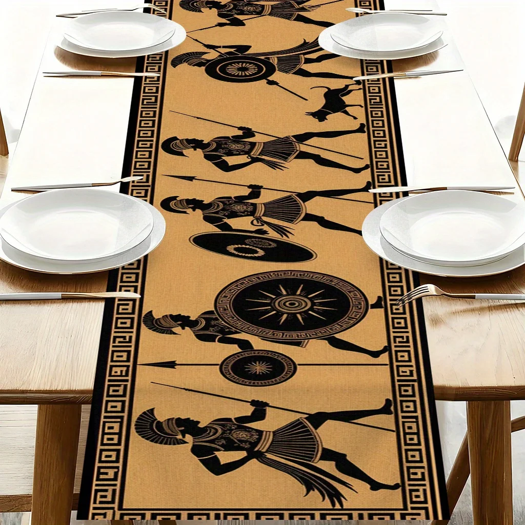 1pc Greek Soldiers Dogs Table Runner Festive Decorative Cloth for Home Kitchen Dining Office Living Room Holiday Party Decor