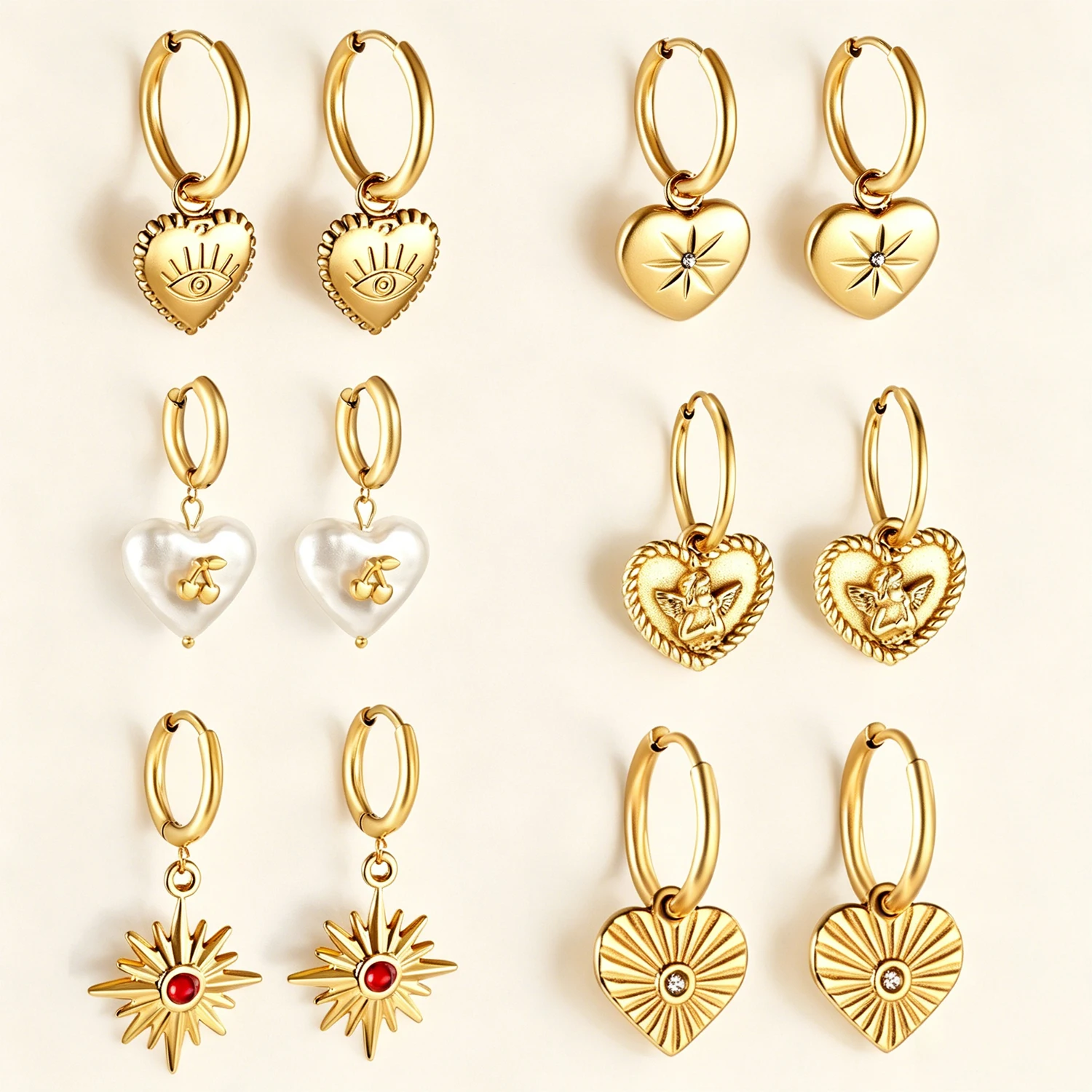 Heart Dangle Huggie Hoop Earrings Stainless Steel Gold Plated Cherry Starburst  Angel Vintage Elegant Daily Fashion Ear Jewelry