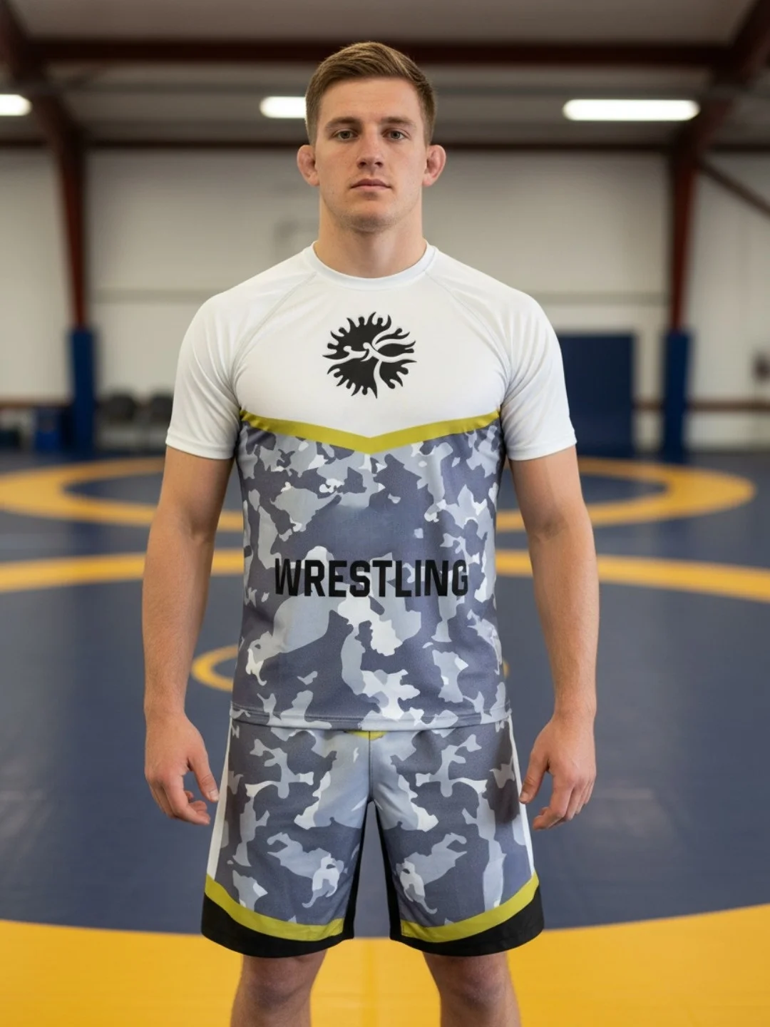 

2026 New Wrestling Sports Set Men's Black/White Camo Graphic Rash Guard T-shirts & Shorts Quick Drying MMA Training Combat Suit