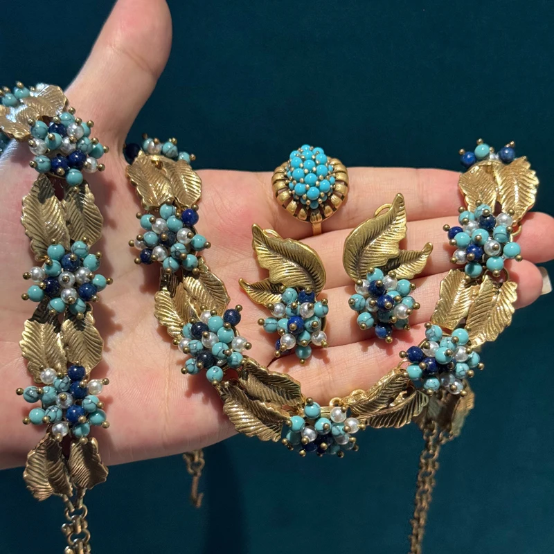 

Vintage Turquoise Jewelry Sets Luxury Designer Necklace Bracelet Ring Earrings For Women Leaf Ball Antique Gold Plated Banquet