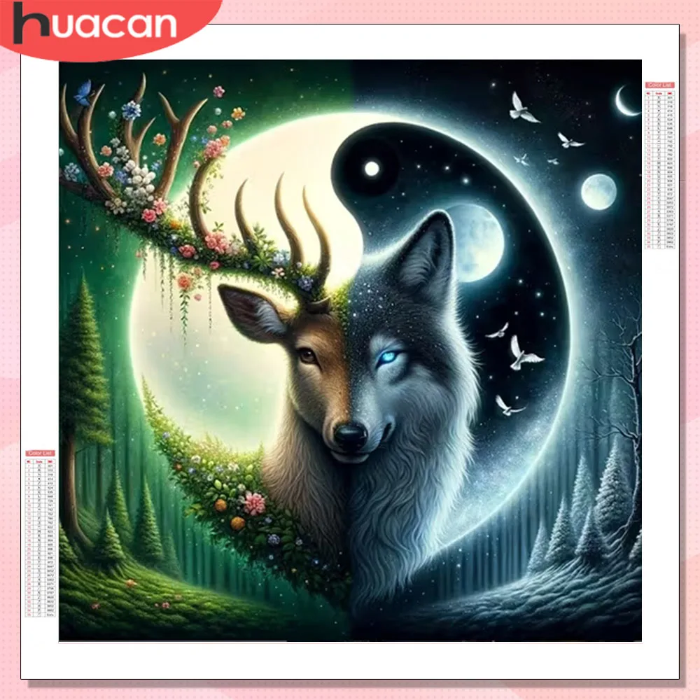 HUACAN الماس الفسيفساء كيت الغزلان الذئب القمر الحيوان الماس اللوحة مجموعة جديدة تاي تشي اليدوية ديكور المنزل