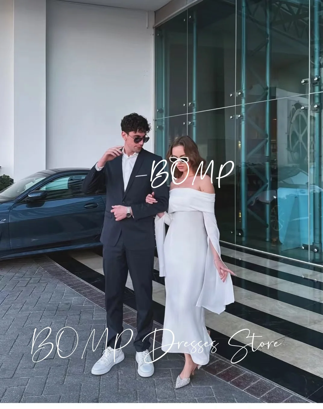 BOMP Elegant Off Shouler Evening Dresses White Chiffon Full Sleeves Mermaid Saudi Arabic Formal Occasion Party Dress Customized