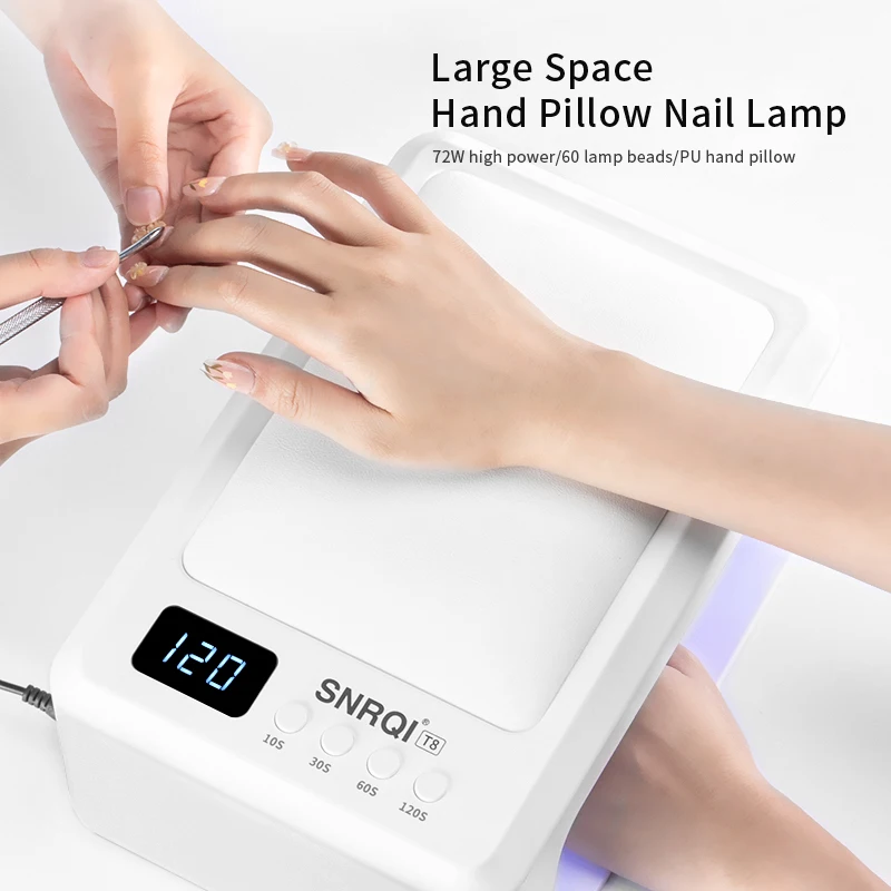 72W UV LED Nail Lamp for Gel Polish 60LEDs Auto Sensor 4 Timer Large Space Both Hands PU Hand Pillow Digital Display Salon