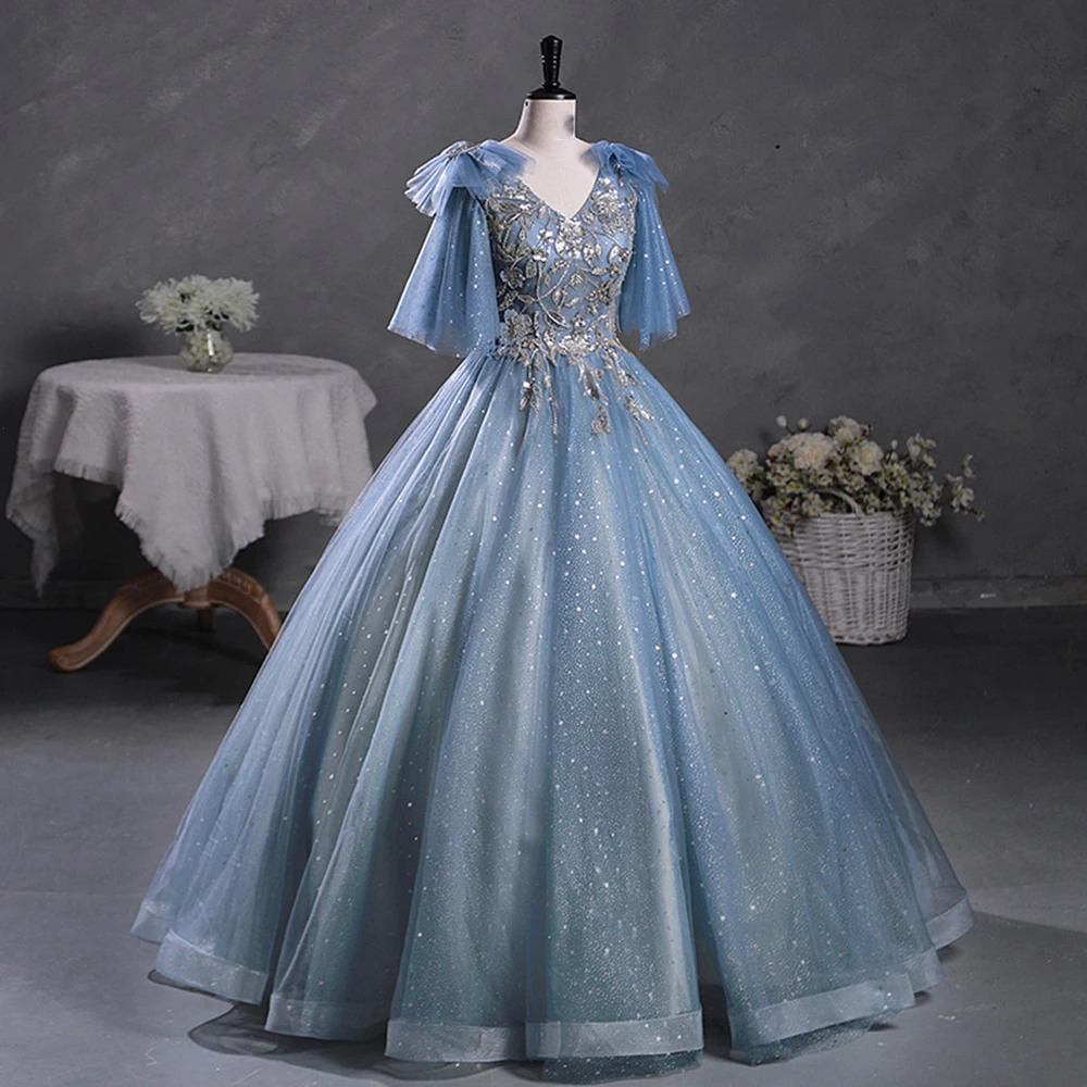 Light Luxury Blue Evening Dress Women's Elegant Flowers Applique Prom Gown Solo Performance Long A-Line Sequins Party Vestido