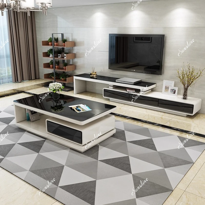 Simple, modern creative living room black and white tempered glass telescopic small apartment, TV cabinet coffee table