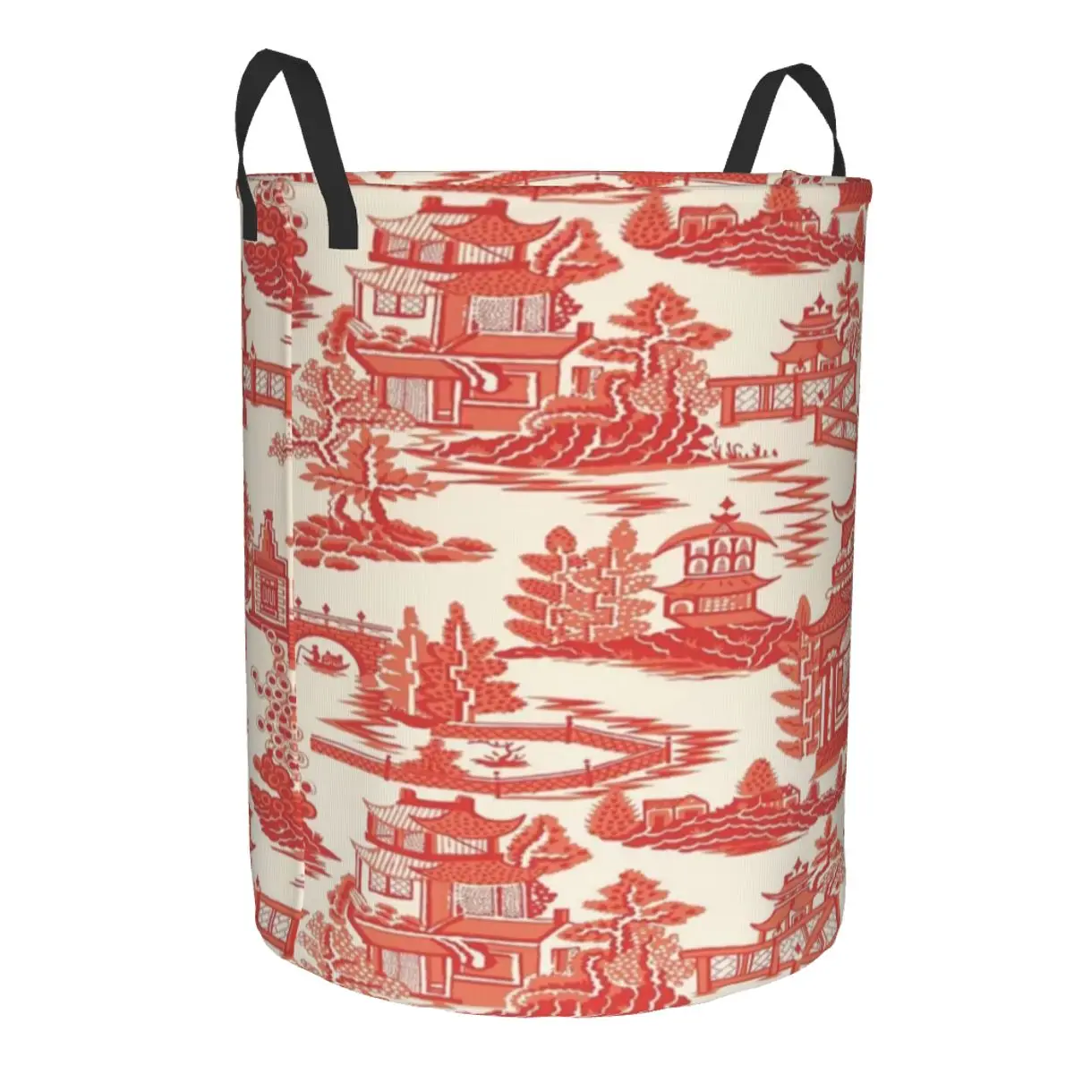 Custom Nanjing Pagoda Tea Garden Chinoiserie Laundry Basket Collapsible Red Coral Floral Clothes Hamper for Toys Storage Bag