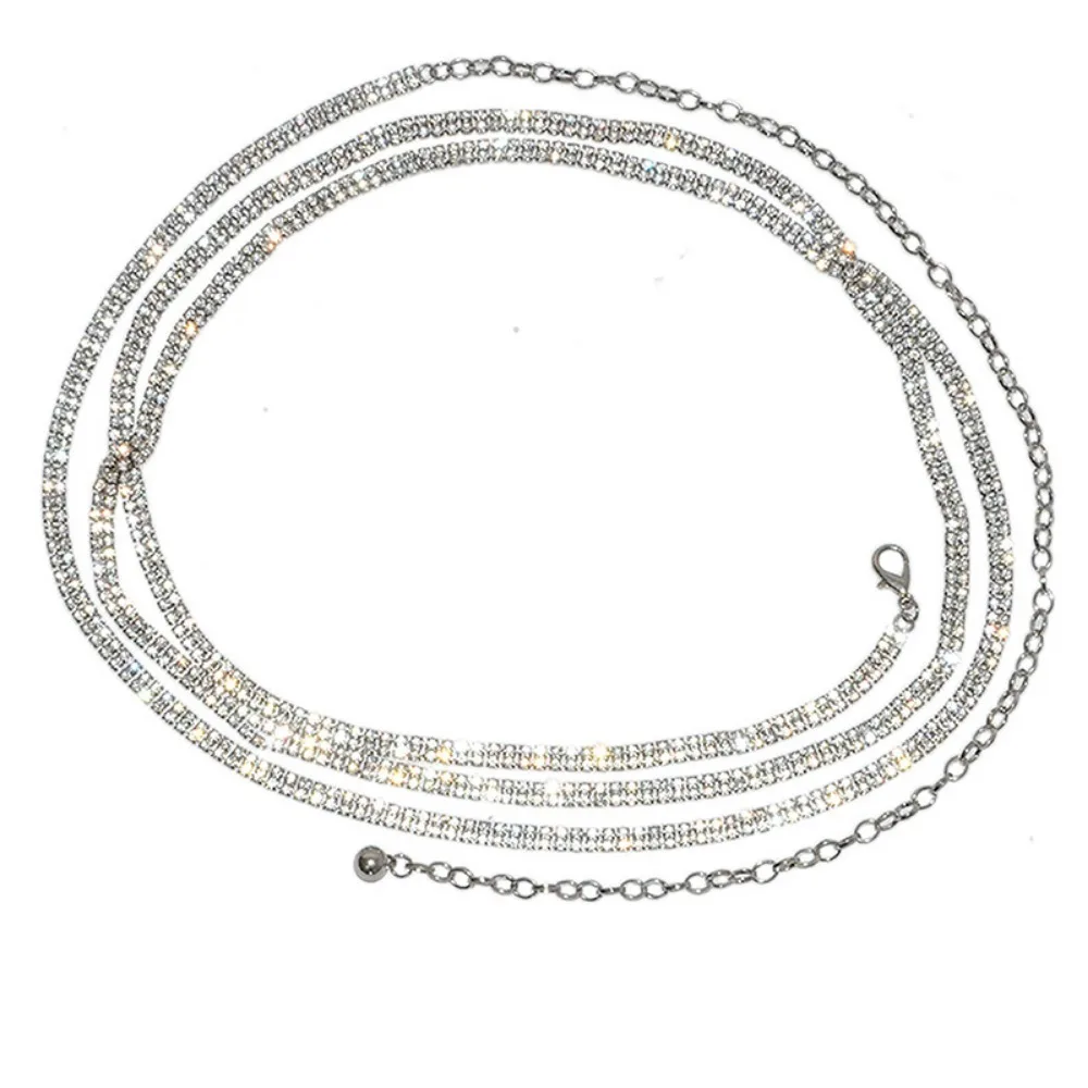 Silver Rhinestone Metal Chain Belt wrap around free