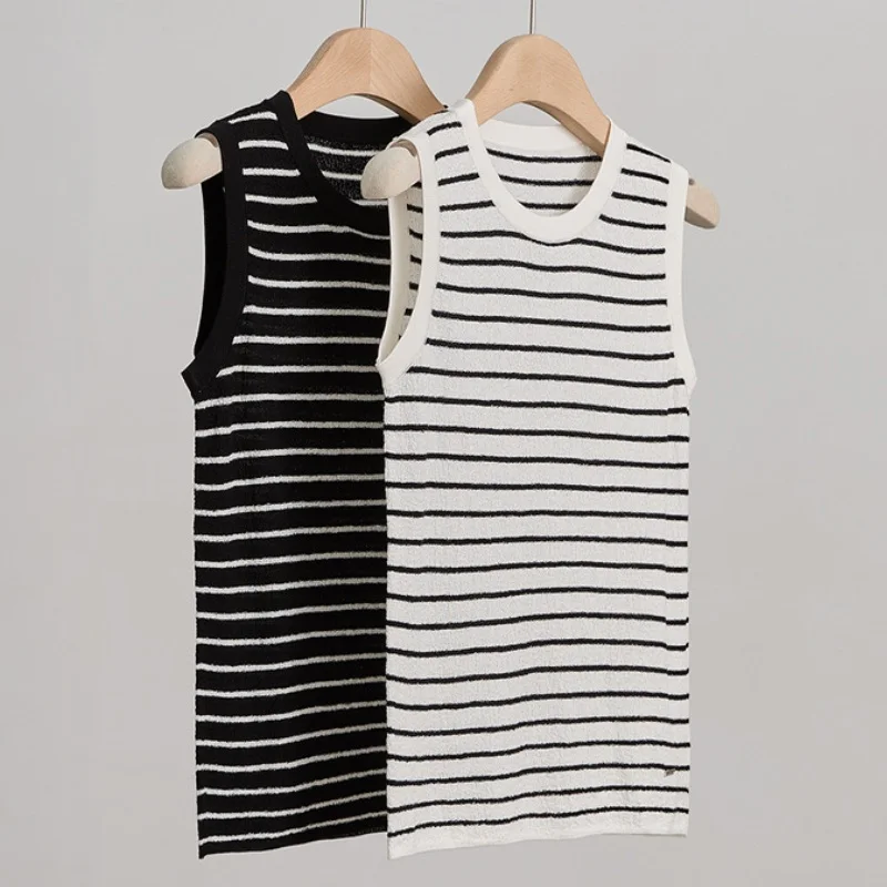 

Birdsky, 1PC Women vest top sleeveless tank top 100% real mulberry silk stripe Black White. S-960