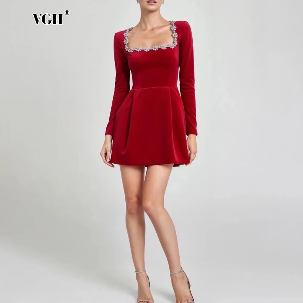

VGH Velvet Patchwork Diamonds Party Dresses For Women Square Collar Long Sleeve High Waist Temperament Short Dress Female