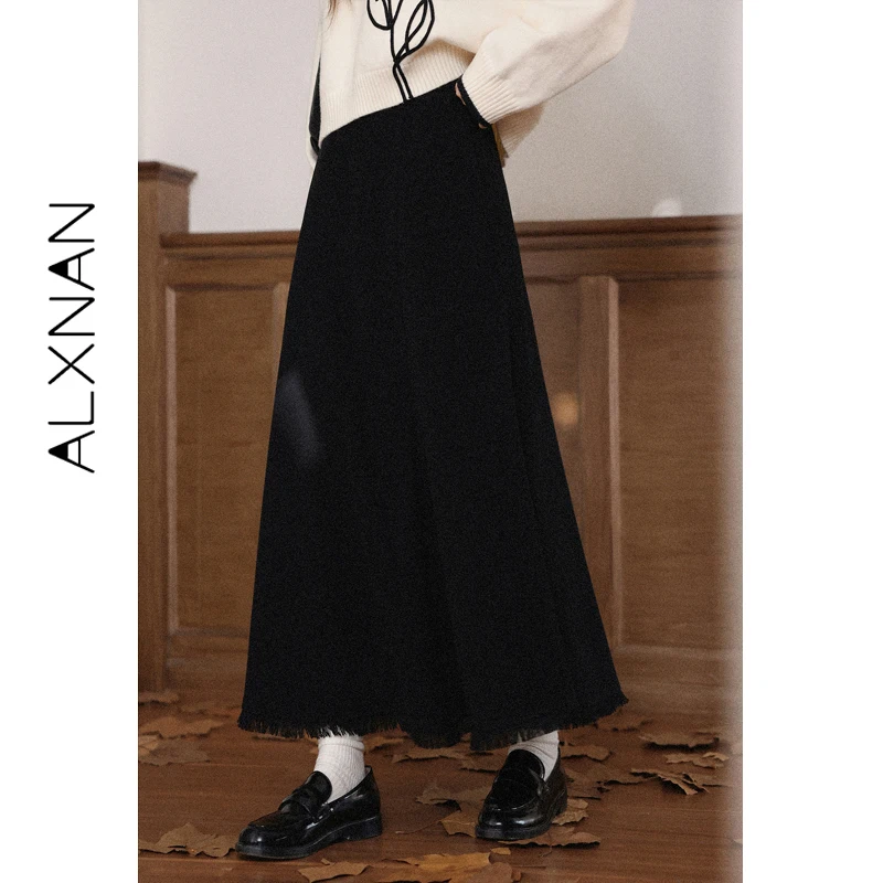

ALXNAN Black Midi Skirt Women Elegant High-waist Long A-line Mermaid Hem Tassel-Trimmed Skirt Casual Elegant Skirts L57318-1