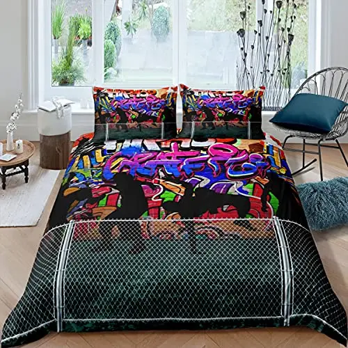 Graffiti Kids Bedding Set,Hip Hop Street Art Work Comforter Cover for Boys Girls,Watercolor Painting FashionDuvet Cover Decor