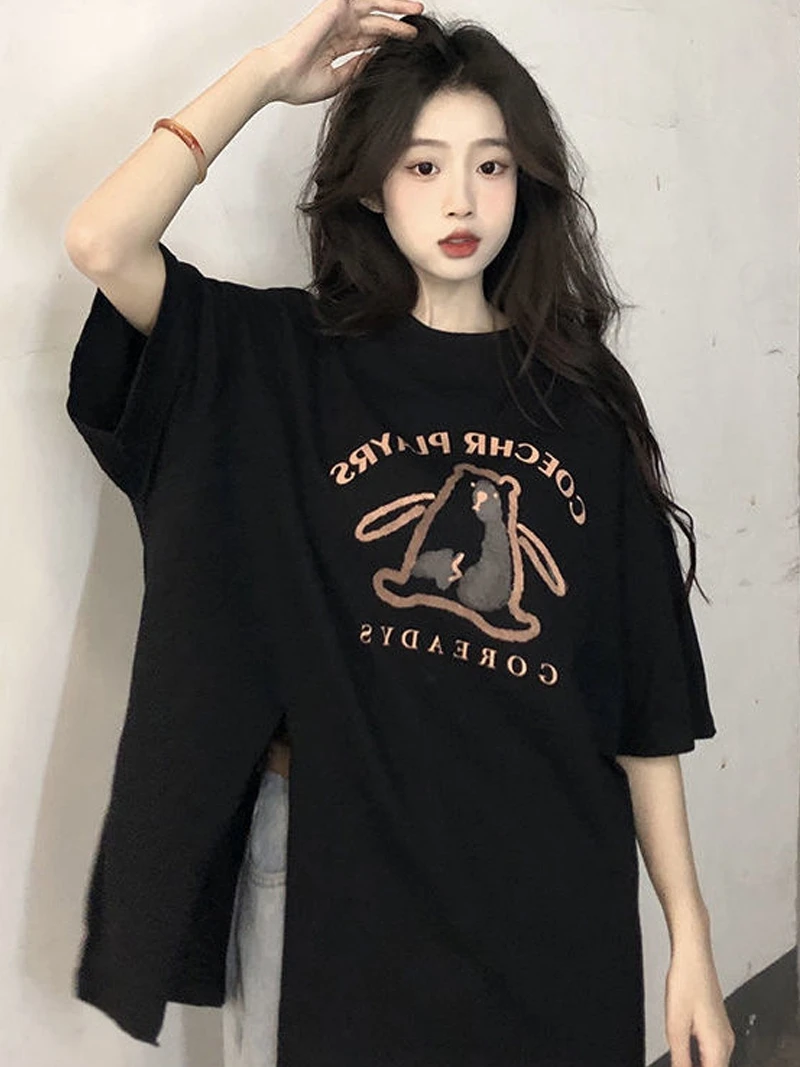 

plus Size Oversize Loose ort Sve T-irt Women's Casual Side Slit Top American Retro Sle Comfortable Breathable Summer...