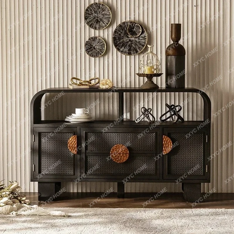 

Lretro rattan dining side cabinet household living room entrance cabinet wabi sandy wind medieval homestay storage