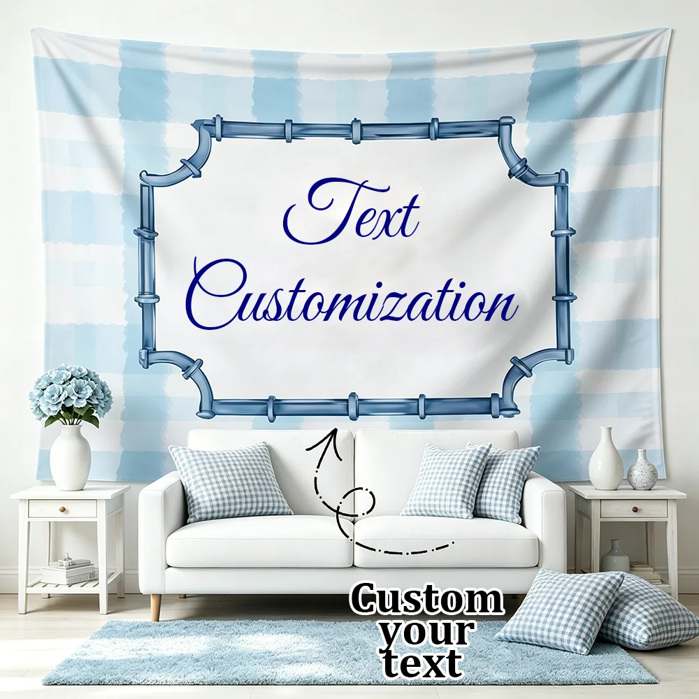1PC Custom Text Blue Plaid Bamboo Frame Tapestry, Personalized Customized Wall Hanging Background Cloth Home Decor