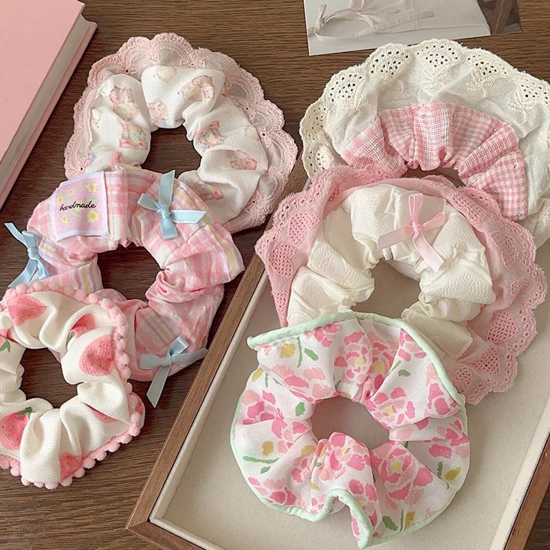 Elegant Print Lace Edge Wide Scrunches For Women Girls Sweet Hair Tie Cute Exquisite Hair Band Fashion Hair Accessories Gifts