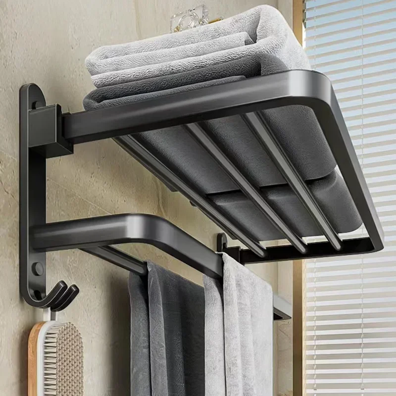 

Black Towel Rack without Drilling Self-Adhesive Bathroom Towel Rail Shelf Wall Mount Aluminum Alloy Tower Bar Hanger with Hook