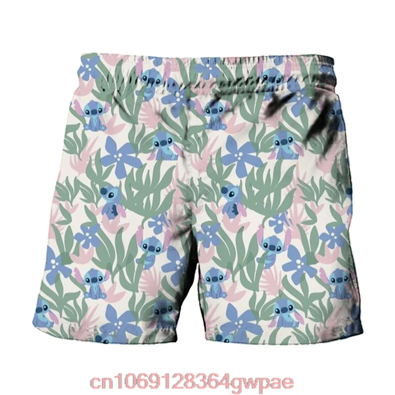 Shorts de praia com estampa anime da Disney para homens, Harajuku, Mickey e Stitch, Minnie, moda casual, novo verão