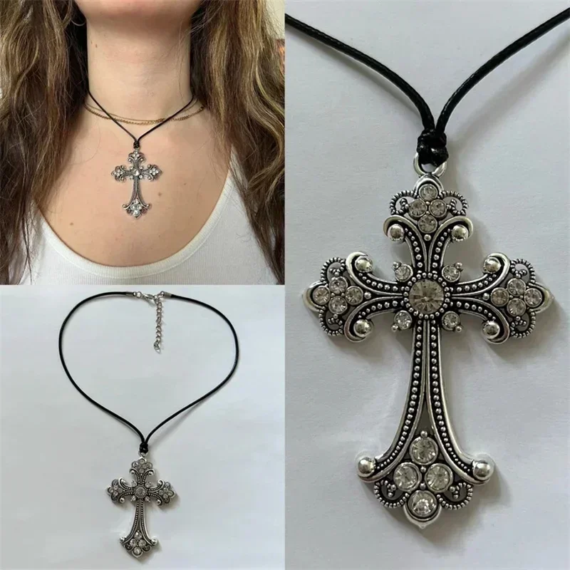 Large Detailed Rhinestone Cross Choker Spiral Hippie Necklace Goth Punk Women Fashion Statement Crucifix Charm Jewelry Gift