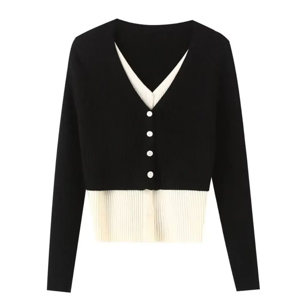 

Korean Style Women's V-Neck Long Sleeve Sweater 30CX-2237 Fake Two-Piece Autumn Fashion Wholesale Clothing