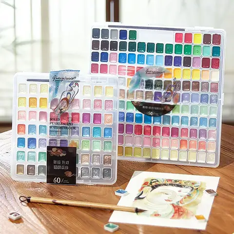 Bilashmart Gifts 12/24/35/48Color Pearlescent Solid Watercolor Paint DIY Multifunctional Painting Paint Painting Tool Set Watercolor Sets