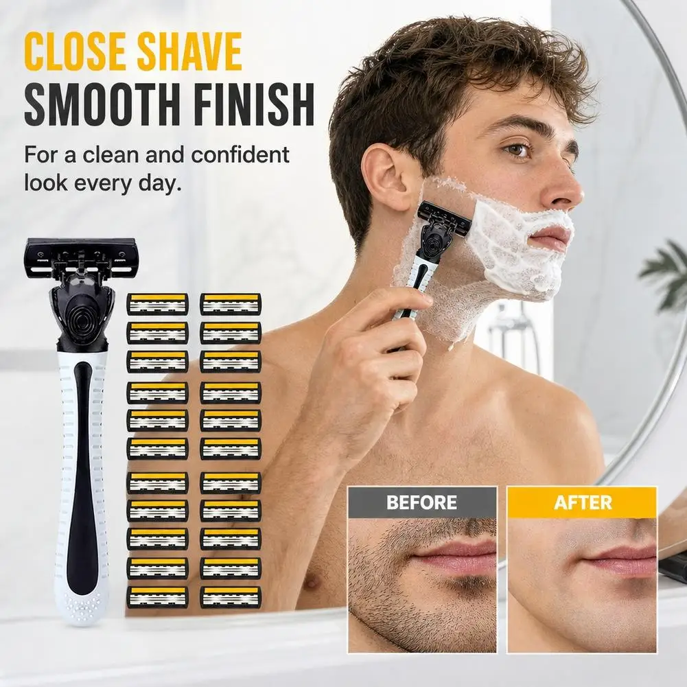 Men Manual 3 Layer Blade Razor Set Anti Slip Handle With Replacement Razor Heads Portable Safety Shaving Razor For Facial Beard