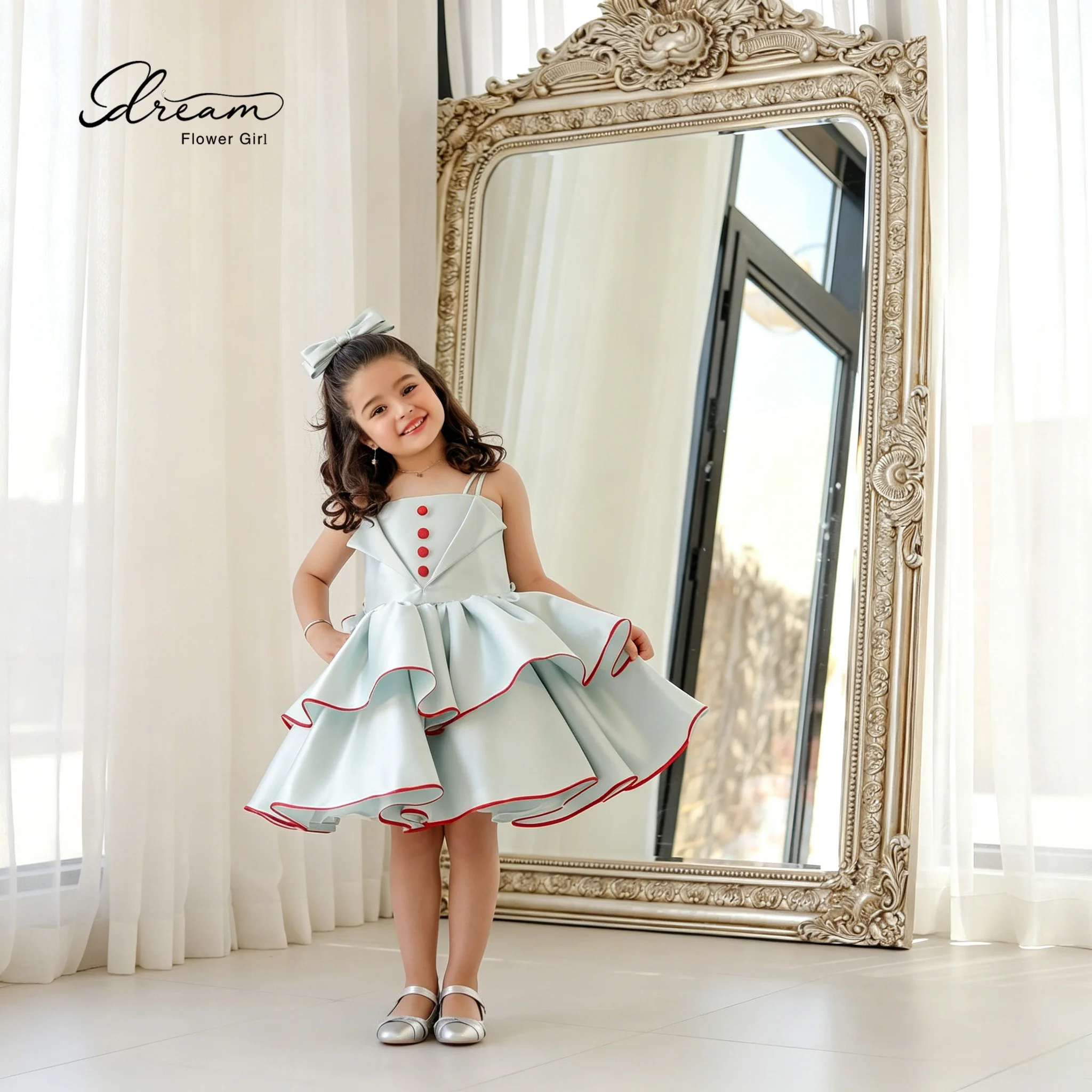 

Adorable flower girl strapless blue satin sleeveless knee-length cake dress evening gown