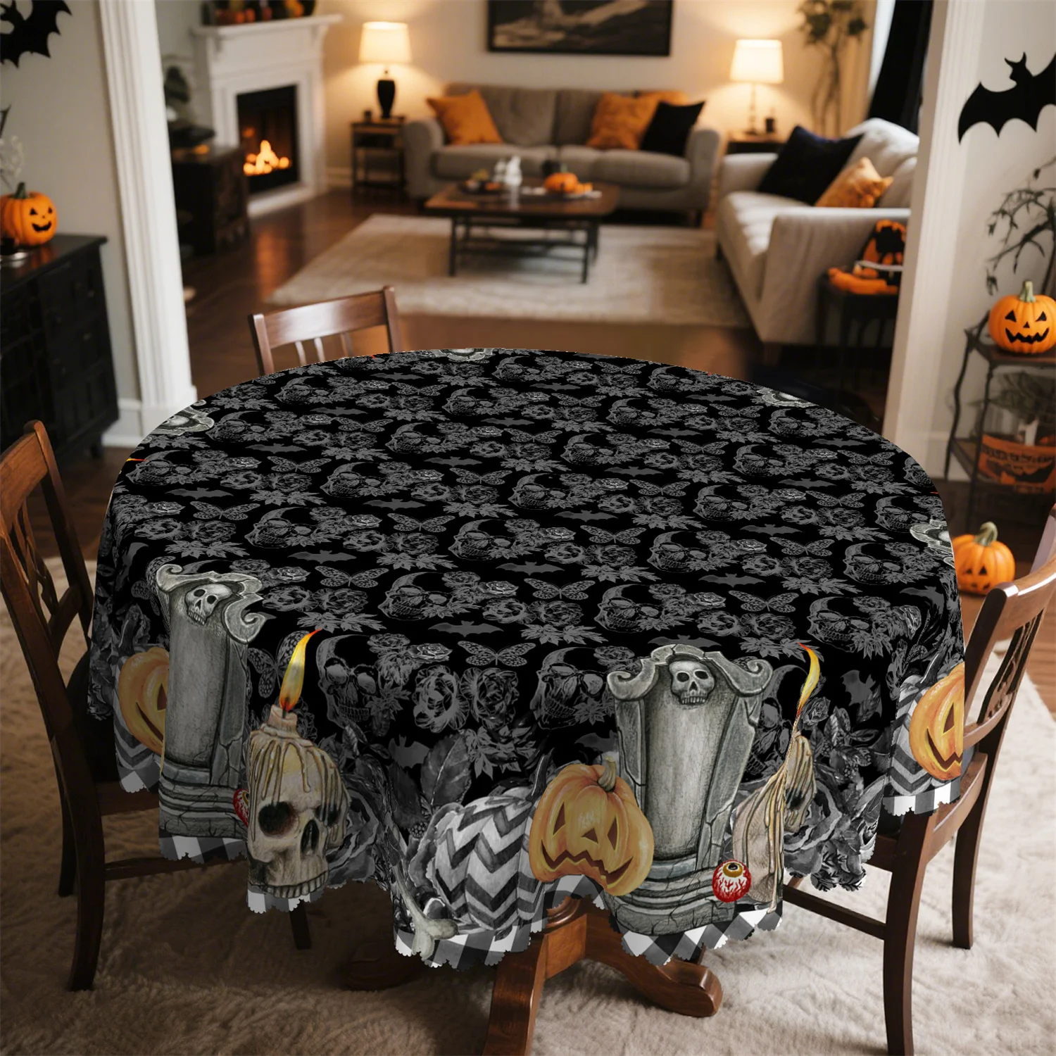 Buffalo Gourd Pumpkin Lantern Skull Wax Grave Marker Black Rose Halloween Tableclothzyc