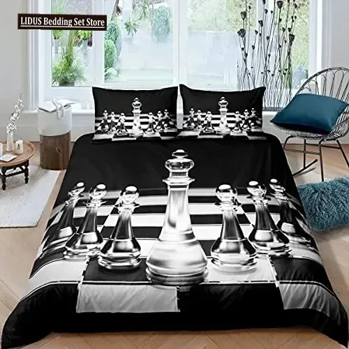 International Chess Duvet Cover Set Black White Lattice Checkerboard Comforter Cover Competition Game For Boys Teens Bedding Set