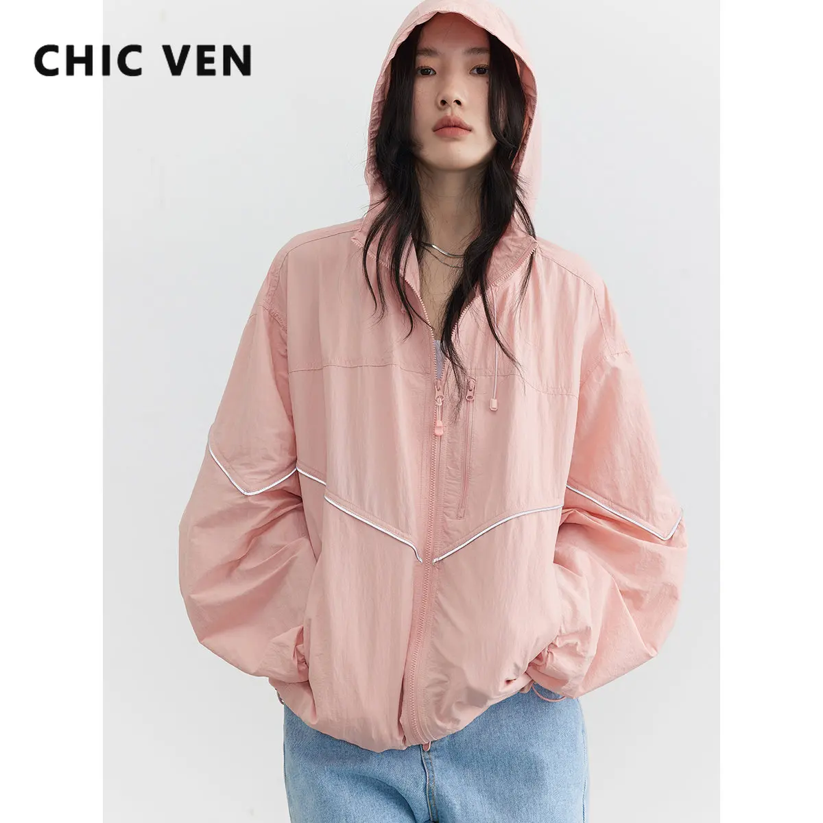 CHIC VEN Women's Jackets Thin Casual Loose Hooded Coat Long Sleeve Ladies Tops Streetwear Female Sunscreen Clothing Summer 2023