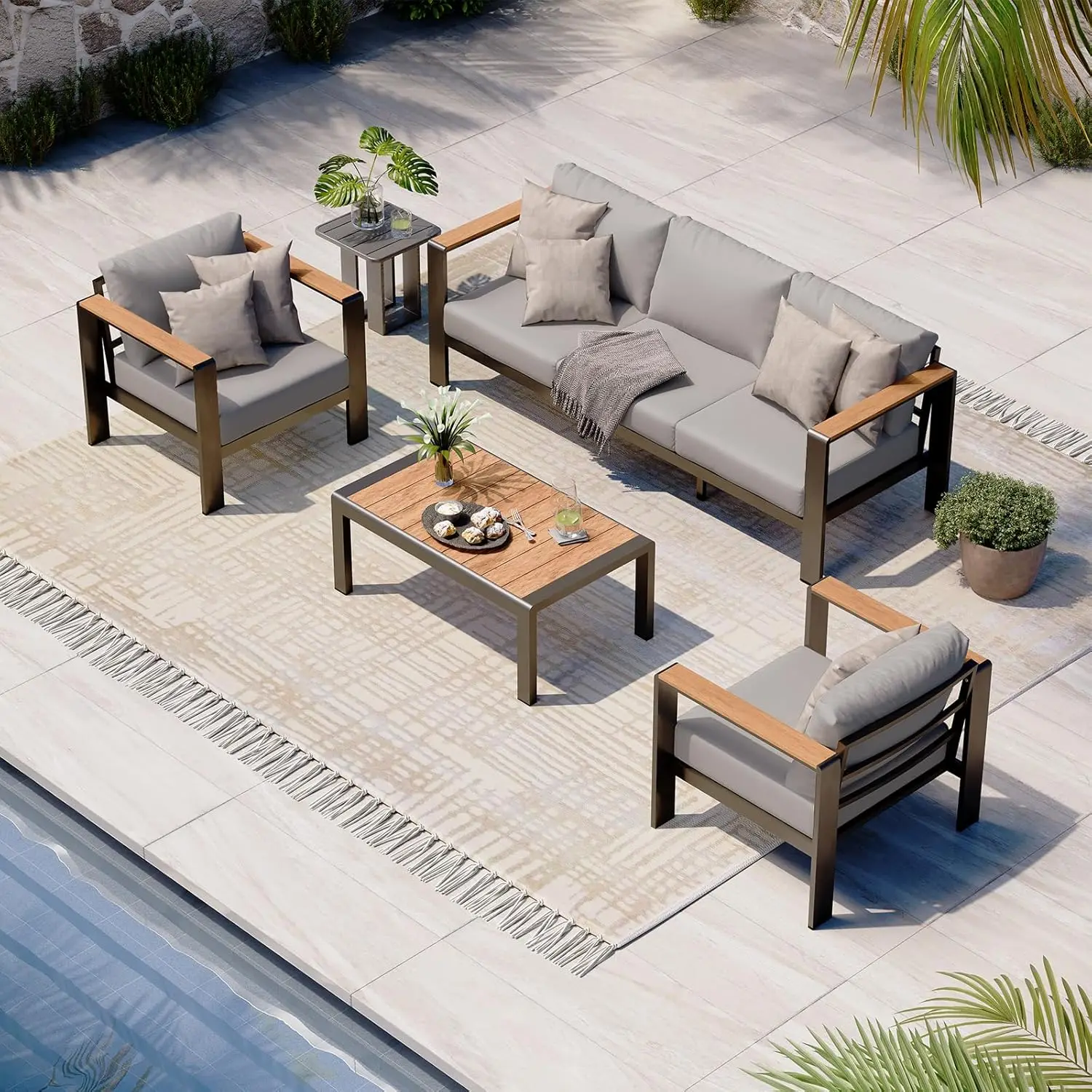 Aluminum Outdoor Patio Furniture Set with Coffee Table, 4 Piece Patio Conversation Sets with Washable Thick Cushion, Patio Secti