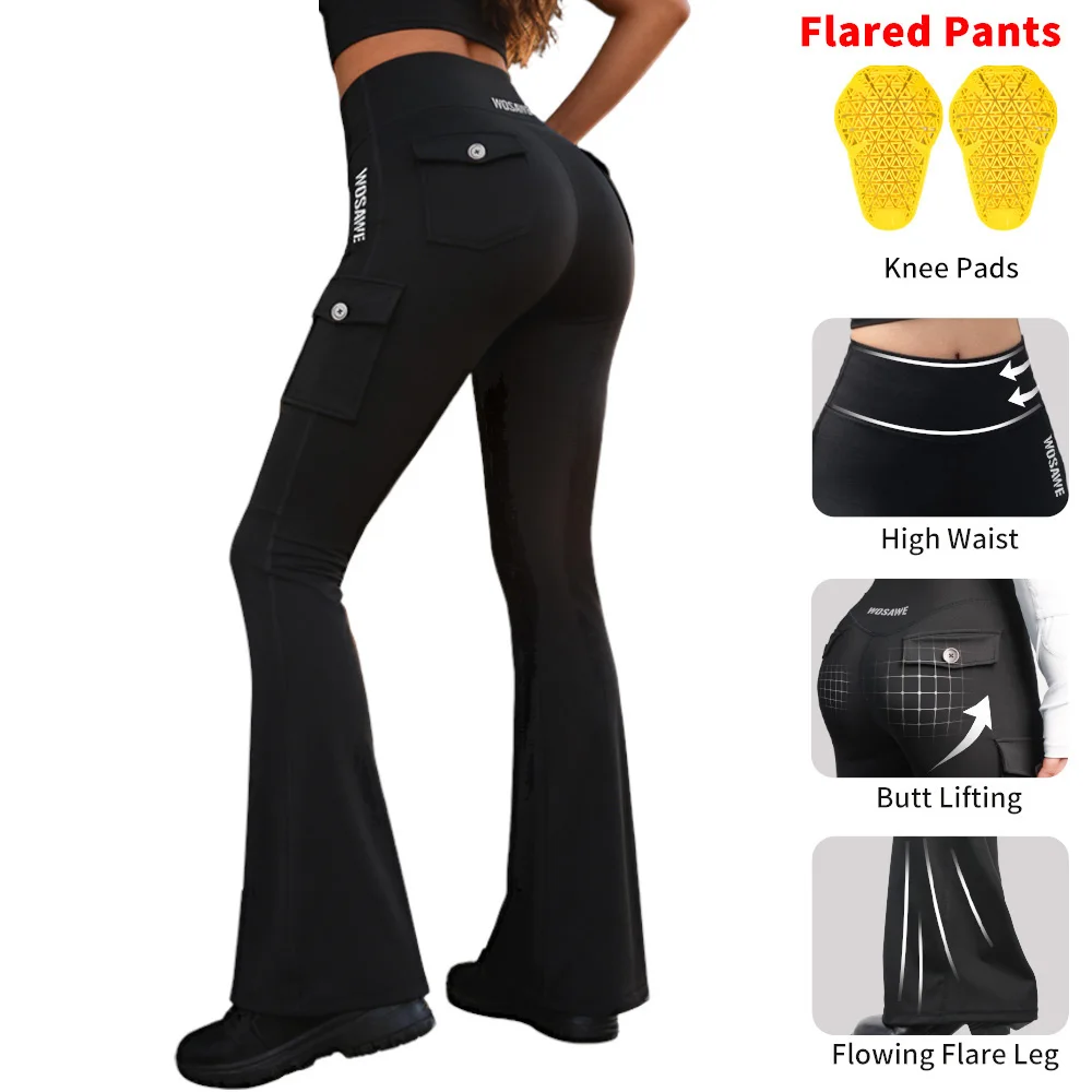 WOSAWE Women Motorcycle Pants with Knee Pads Motocross Flared Leggings Hip Lift Workout Bootcut Lady Tummy Control Yoga Pants
