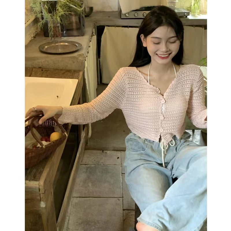 ZHUANQIN Women Buttons Up Short Cardigan Coat Knitted Hollow Out Smock Top Long Sleeved Thin Summer T-shirt Ruffles Casual Shirt