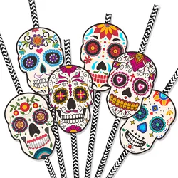 24Pcs Skull Disposable Paper Drinking Cocktail Juice Wine Straw Tableware for Mexican Day of The Dead Halloween Party Decoration