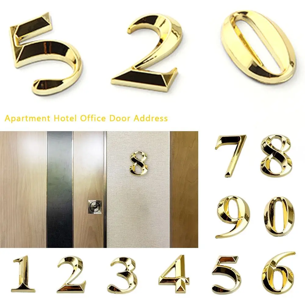 3D Door Number ABS Injection Molding Golden Door Digits 0 to 9 Electroplating Plate Self Adhesive Digital Hotel Room Number