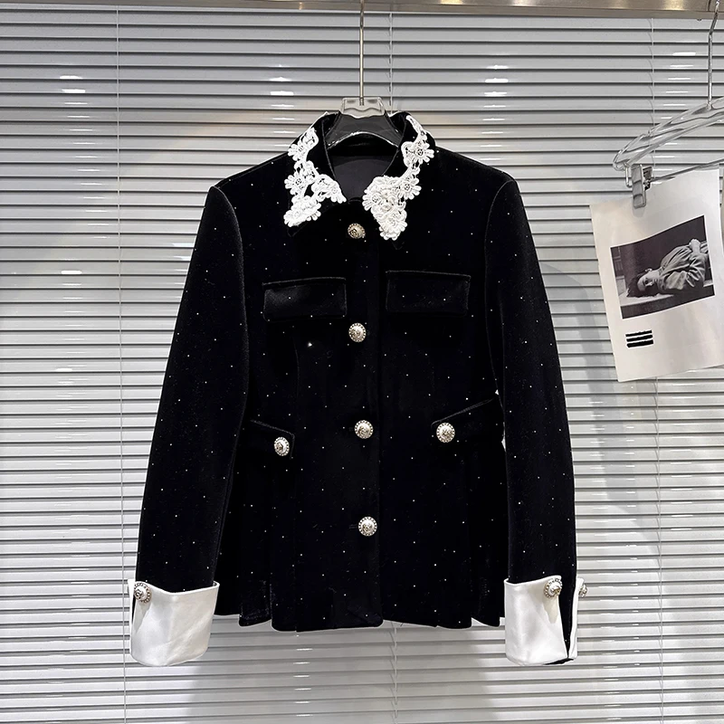 Winter New Elegant French Style Diamond Velvet Single-breasted Down Coat High Waist Bodycon Mini Skirt Two-Piece Set