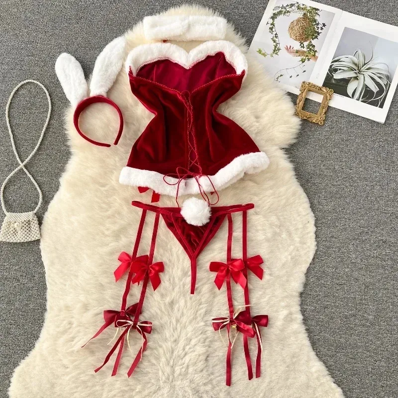 AA wat Sweet Bunny Christmas Women Nightgowns Soft Velvet Off Shoulder Cute Rabbit Dress Sexy Lingerie Fo2025 New