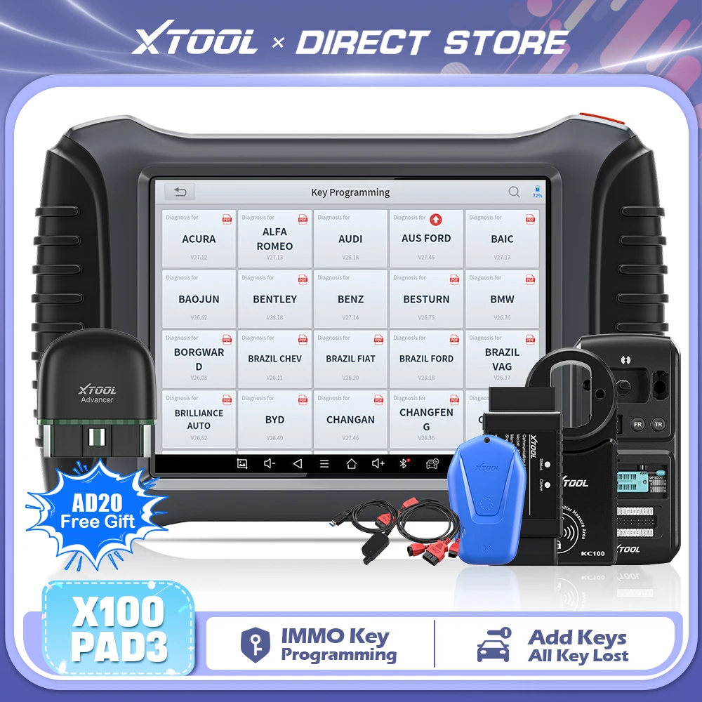 XTOOL X100 PAD3 Elite IMMO Key Programming Tools with KC100 Full System Diagnostic Scanner Active Test 38+ Reset All Key Lost